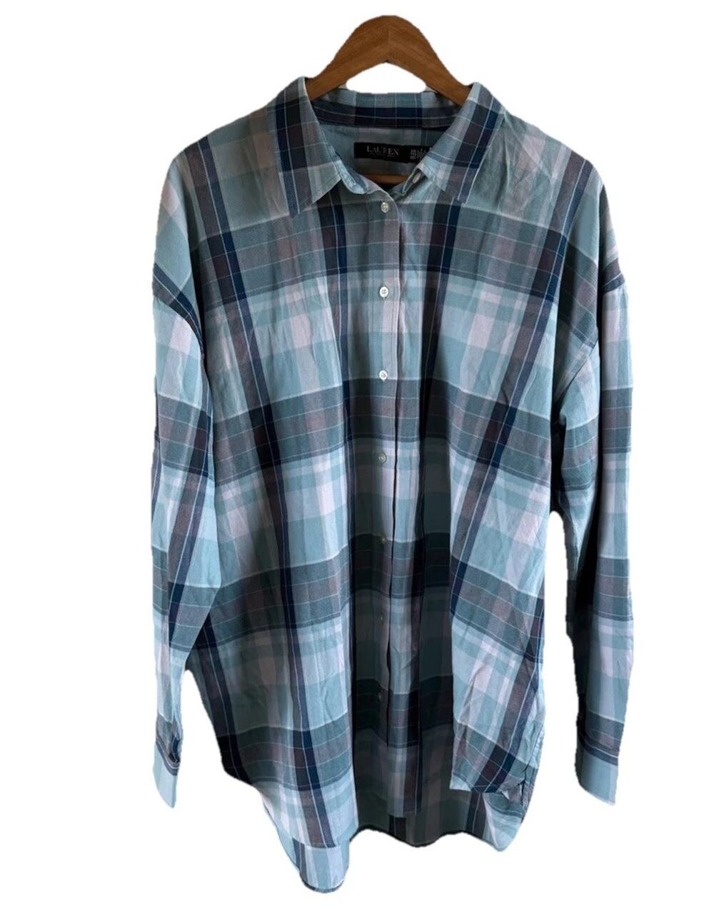 Lauren Ralph Lauren Women's XXL Relaxed Fit Plaid Long Sleeve Button Up Top